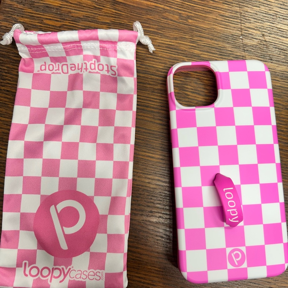 Pink checkered Loopy case for IPhone 14 Plus.